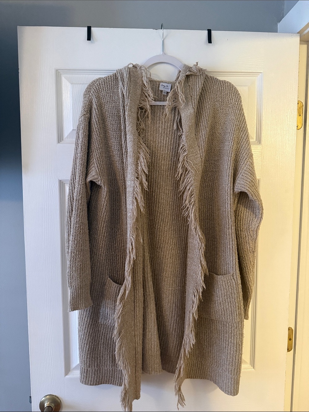 Cozy Co Hooded Fringe Long Duster Cardigan Taupe Knit S/M Pockets